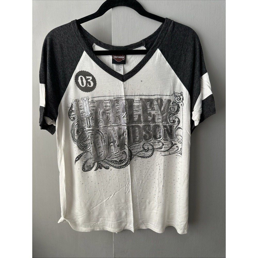 Harley Davidson T Shirt Womens L Bling Motorcycle Biker Raglan Sleeve - Picture 1 of 9